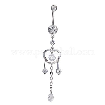 Real Platinum Plated Brass Rhinestone Heart and Tassel Navel Ring Belly Rings AJEW-EE0001-75A-1