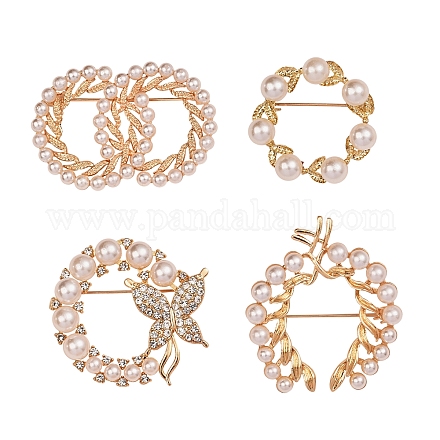4Pcs 4 Style Butterfly & Leaf Plastic Imitation Pearl Beads Brooch JEWB-SZ0001-08-1
