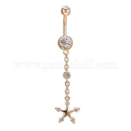Piercing Jewelry Real 18K Gold Plated Brass Rhinestone Star Navel Ring Belly Rings AJEW-EE0001-69-1