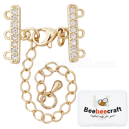Beebeecraft 2 Sets 18K Gold Plated Multi Strand Clasps with Lobster Clasps Adjustable Chain Connector Set Cubic Zirconia 3 Strand Clasps Chain Extender for DIY Necklaces Bracelets Jewelry Making KK-BBC0001-47-1