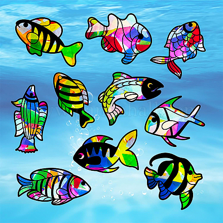 BENECREAT 20PCS Fish Stained Glass Effect Paper Aquatic Creatures Suncatcher Set with 32PCS Tissue Paper for Kids Window Grilles DIY DIY-WH0342-006-1