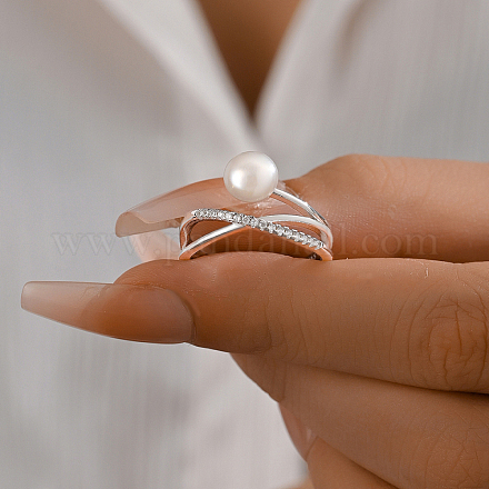 Геометрическое минималистичное серебряное кольцо с цирконием и пресноводным жемчугом YS0401-2-1