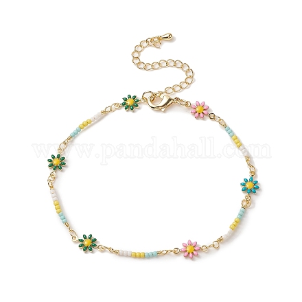Bracelet de cheville en laiton fait à la main avec chaîne à maillons de fleur de marguerite pour femme AJEW-AN00533-1