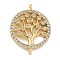 Rack Plating Brass Clear Cubic Zirconia Flat Round with Tree Connector Charms, Long-Lasting Plated, Cadmium Free & Lead Free, Real 18K Gold Plated, 19x15x2.5mm, Hole: 1.2mm