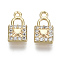 Brass Micro Pave Clear Cubic Zirconia Charms, Nickel Free, Lock with Heart, Real 18K Gold Plated, 10.5x5.5x2mm, Hole: 1mm