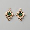 Brass Pave Clear Cubic Zirconia & Glass Hollow Rhombus Connector Charms, Light Gold, Green, 21x15x4.5mm, Hole: 1.3mm