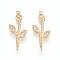 Brass Micro Pave Clear Cubic Zirconia Connector Charms, Leaf, Real 18K Gold Plated, 19.5x8x1.3mm, Hole: 0.7~0.8mm