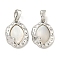Natural Shell Pendants, Brass Textured Oval Charms with Snap on Bails, Platinum, 16x12x3mm, Hole: 5x2mm
