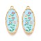 Printed Style 304 Stainless Steel Oval with Flower Pattern Pendants, Ion Plating(IP), Real 18K Gold Plated, Light Sky Blue, 33.5x14x2.5mm, Hole: 1.8mm