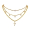 Brass & Stainless Steel Micro Pave Clear Cubic Zirconia Pendant Necklaces, 3 Layer Necklaces, Cross with Moon & Heart Charms, Golden, 16.34 inch(41.5cm)