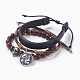 Natural Sandalwood Beads and Cowhide Leather Cord Bracelets Sets BJEW-JB03927-1