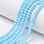 Chapelets de perles en verre opaque de couleur unie, facette, rondelle, cyan, 6x5mm, Trou: 1mm, Environ 85~88 pcs/chapelet, 16.1~16.5 pouce (41~42 cm)