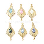 Подвески-соединители из латунной ракушки с перьями, с эмалью, реальный 18k позолоченный, стойки покрытие, долговечный, без кадмия и без свинца, разноцветные, 26.5x14x2.5 мм, отверстие : 1.2 мм