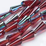 Abalorios de vidrio electrochapado, arco iris chapado, facetados, cono, de color rojo oscuro, 16x8mm, agujero: 1 mm