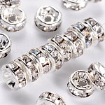Abalorios de latón Diamante de imitación espaciador, aaa grado, brida recta, sin níquel, color plateado, rerondana plana, cristal, 4x2mm, agujero: 0.8 mm