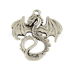 Colgantes de la aleación de estilo tibetano, dragón, sin plomo y cadmio, plata antigua, 34.5x27.5x2mm, agujero: 2.5 mm, aproximamente 142 unidades / 500 g