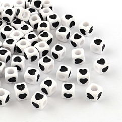 Abalorios europeos acrílicos opacos, grandes abalorios del agujero del cubo, con el patrón de corazón, negro, 7x7x7mm, agujero: 4 mm, aproximamente 2300 unidades / 500 g