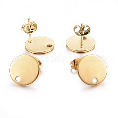 Accesorios para pendientes de acero inoxidable 304 con revestimiento iónico (IP), Con asa y placa plana, tuercas de oreja / aretes, plano y redondo, dorado, 12x12x1mm, agujero: 1.4 mm