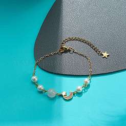 Браслет из звеньев луны и звезды из прозрачного кубического циркония с латунными цепочками BJEW-JB08789