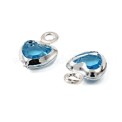 ハート真鍮ガラスチャーム  カドミウムフリー＆鉛フリー  ラックめっき  長持ちメッキ  多面カット  銀  ディープスカイブルー  7.5x5.5x2mm  穴：1mm&nbsp;LS-KK-S385-01S-08