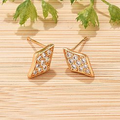 菱形真鍮マイクロパヴェクリアキュービックジルコニアスタッドピアス（女性用）  カドミウムフリー＆鉛フリー  長持ちメッキ  ラックめっき  ゴールドカラー  12.5x7mm&nbsp;EJEW-G428-16G