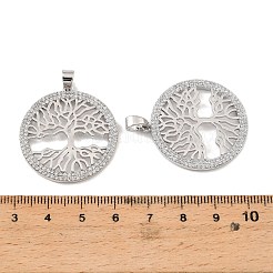 真鍮と透明キュービックジルコニアのペンダント  生命の樹の模様のチャームが付いた指輪  プラチナメッキ  33x30x2.5mm  穴：6.5x4mm&nbsp;KK-G558-15P