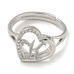 Сердце с буквой стойка покрытие латунь микро паве кубический цирконий регулируемые кольца для женщин RJEW-I105-06P-K