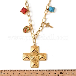 Collana con ciondolo quadrato in resina effetto turchese e croce testurizzata in acciaio inossidabile 304 per donna.&nbsp;NJEW-F380-01G