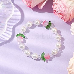 アクリル模造パールストレッチブレスレット  手作りランプワークビーズと  花  ホワイト  内径：2インチ（5.2cm）&nbsp;BJEW-JB11170
