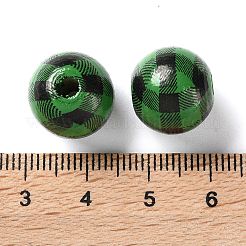 プリントウッドヨーロピアンビーズ  タータン模様のラウンド  濃い緑  13.5x13mm  穴：4mm&nbsp;WOOD-Z002-09C