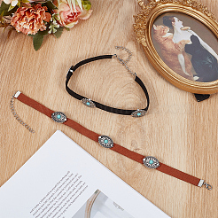 2 stücke 2 farben legierung pflastern synthetische türkis oval imitation leder choker halsketten für frauen&nbsp;NJEW-CY0001-06