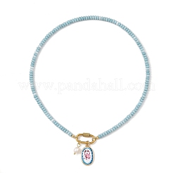 Collares de mujer con colgante de acero inoxidable 304 y cuentas redondas de vidrio teñido.&nbsp;NJEW-JN06540-03