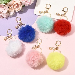6 porte-clés pompon en fausse fourrure de lapin fait main&nbsp;KEYC-YW00255