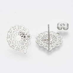 変色しない304ステンレススチールスタッドピアス金具  カン付き  花  ステンレス鋼色  16x14mm  穴：1mm  ピン：0.7mm&nbsp;X-STAS-S079-34B