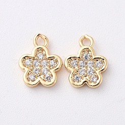 真鍮キュービックジルコニアチャーム  花  透明  18KGP本金メッキ  9x7x1.5mm  穴：1mm&nbsp;X-KK-S348-436