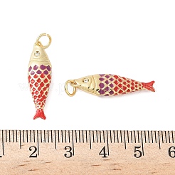 真鍮製エナメルペンダント  キュービックジルコニアの魚型チャーム付き  ラックめっき  カドミウムフリー＆鉛フリー  長持ちメッキ  18KGP本金メッキ  レッド  25.5x7.5x3.8mm  穴：3.5mm&nbsp;X-KK-B148-14G-05