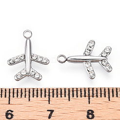 304ステンレススチールチャーム  手動研磨  ラインストーン付き  飛行機チャーム  ステンレス鋼色  14x11x2mm  穴：1.4mm&nbsp;STAS-T064-27P