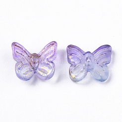 ツートン透明スプレー塗装ガラスチャーム  金色の箔付き  蝶  プラム  7x11x3mm  穴：1.2mm&nbsp;X1-GLAA-N035-08A-G01