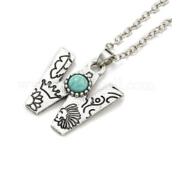 Lettre a ~ z en alliage plaqué argent antique avec colliers à pendentif turquoise synthétique&nbsp;NJEW-G080-01W