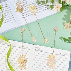 4 шт. 4 стиля закладка для книг в китайском стиле с латунной эмалью и цветком на длинной цепочке AJEW-SC0002-92