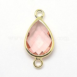 ゴールデントーン真鍮ガラスティアドロップリンクコネクター  桃パフ  21x11x5mm  穴：2mm&nbsp;GLAA-J010A-HF05-G