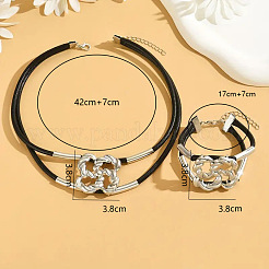 女性用フラワー合金＆ワックスコード二重層ネックレス＆ブレスレットセット  プラチナ  420mm&nbsp;WG9D397-02