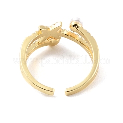 Anello a polsino aperto con stella di zirconia cubica trasparente con perla di plastica con perline&nbsp;RJEW-C058-01G