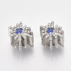 合金ヨーロピアンビーズ  クリスタルとサファイアのラインストーン付き  大穴ビーズ  花  プラチナ  13.5x10x8.5mm  穴：5mm&nbsp;MPDL-S067-04