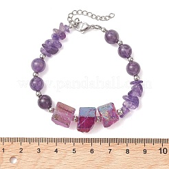 女性用天然アメジストビーズブレスレット  ラウンド＆チップ＆ナゲット  7.05インチ（17.9cm）&nbsp;BJEW-TA00713-02