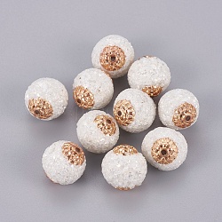 Perles Indonésiennes manuelles, avec les accessoires en métal, verre, ronde, or clair, blanc, 15~15.5x14~15mm, Trou: 1.4mm