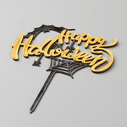 Decoración de tarjeta de inserción de pastel de halloween de acrílico, con autoadhesivo, para la decoración de pasteles de halloween, palabra feliz halloween con murciélago y araña y telaraña, naranja, 140x105x1mm