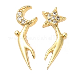 Rack Plating Brass Moon & Star Asymmetrical Earrings, Stud Earrings with Cubic Zirconia, Lead Free & Cadmium Free, Real 18K Gold Plated, 17x6~8mm