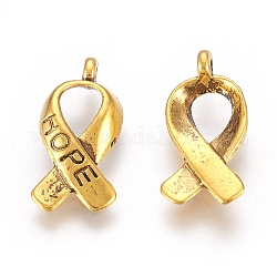 Breast Cancer Awareness Ribbon Carved Word Hope Tibetan Style Alloy Message Pendants, Cadmium Free & Lead Free, Antique Golden, 17x8x3mm, Hole: 2mm