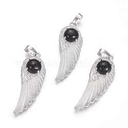 Natural Black Agate Pendants, with Platinum Tone Brass Findings, Wing, Dyed & Heated, 47x16x7.5mm, Hole: 7x5mm